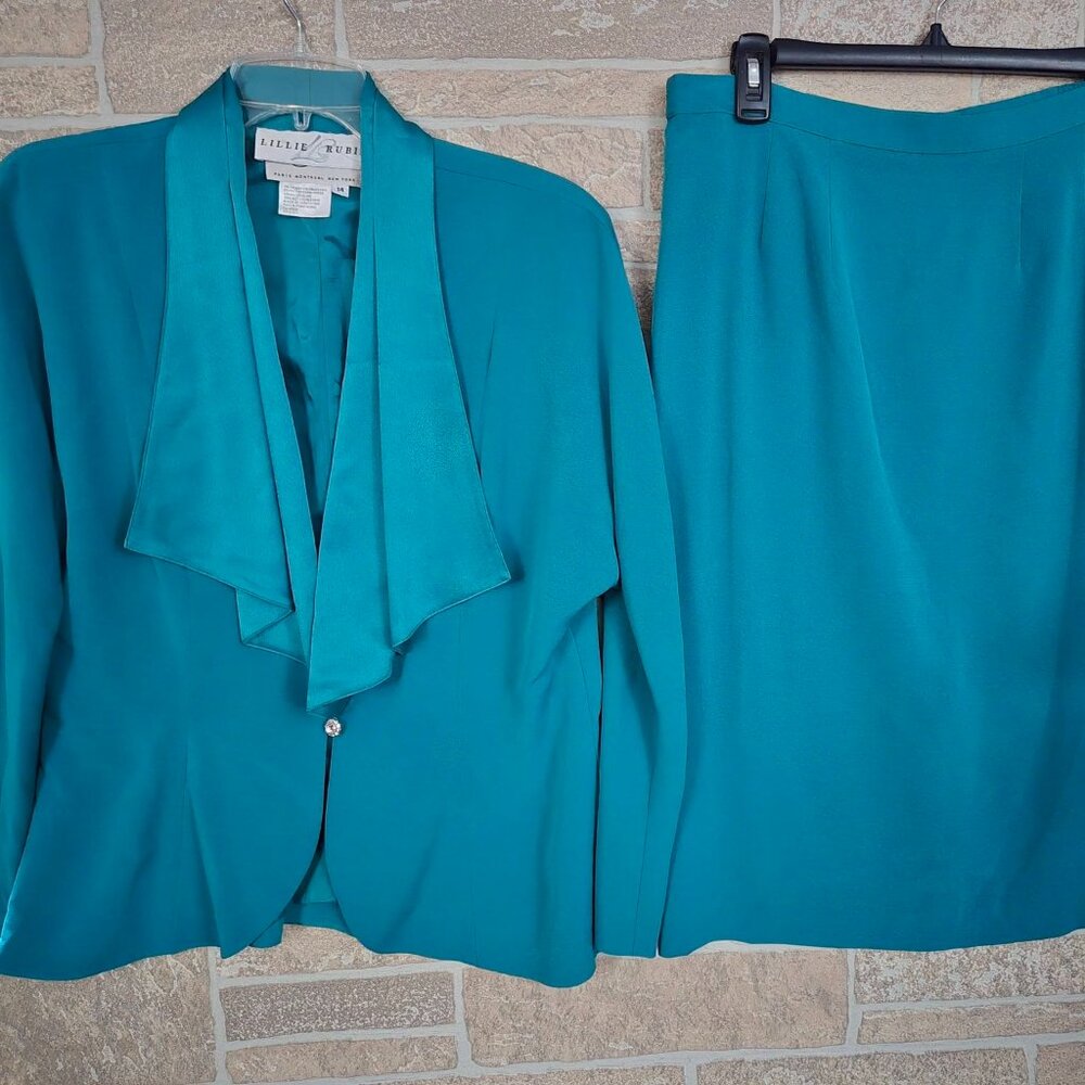 Vintage Lilli Rubin skirt set suit teal blue size 14 Daymore couture